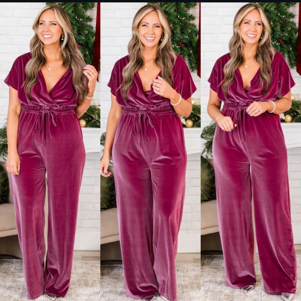 Elegant Velvet Jumpsuit in Rich fuschia pink.